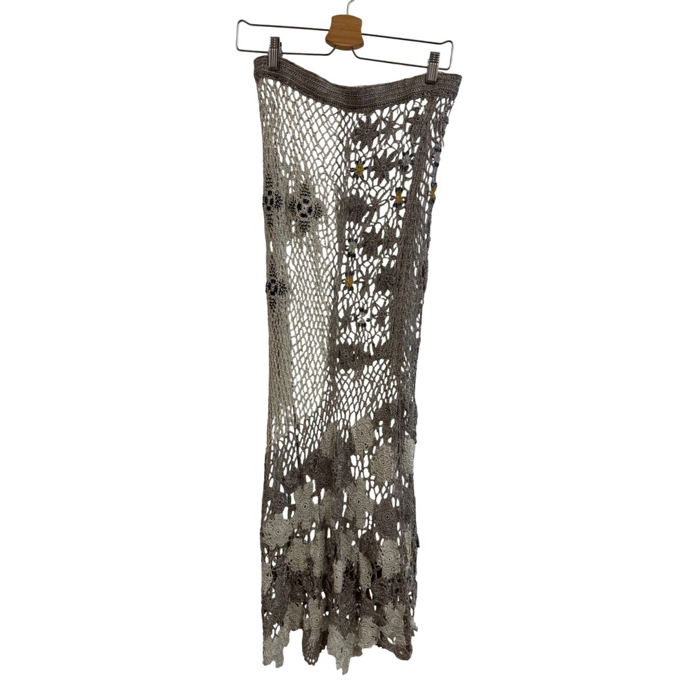 Very Vera Crochet Maxi Skirt L Grey Beige Floral Beaded Sequin Boho Lined Rayon